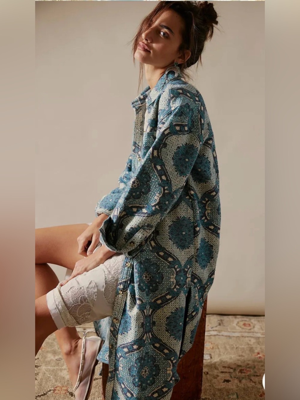 FREE PEOPLE x We The Free Brick Lane Jacquard Maxi Shirt Jacket size medium - Picture 8 of 16